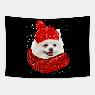 White Pomeranian Wearing Red Hat And Scarf Christmas Tapestry