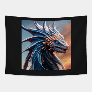 Intricate Blue and White Metallic Dragon Tapestry