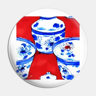 Blue and white chinoiserie bowls on red background Pin