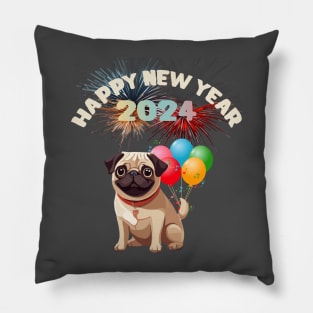 "Happy New Year 2024" Pug Dog Design! Pillow