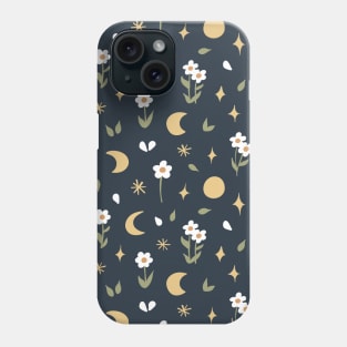 Boho Meadow At Night Celestial Floral Pattern Dark Blue Phone Case