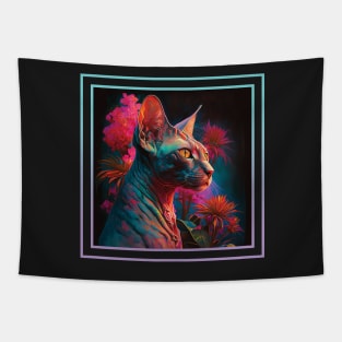 Sweet Sphynx Cat Vibrant Tropical Flower Digital Oil Painting Portrait Tapestry