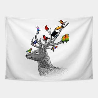 Deer with tropical birds Tapestry