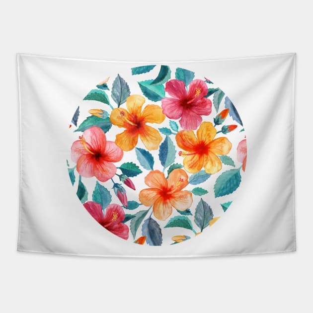 Colorful Watercolor Hibiscus on Clean White Tapestry by micklyn