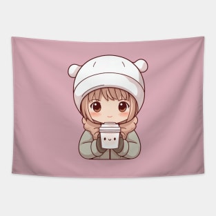 Kawaii little girl drinking hot chocolate Tapestry