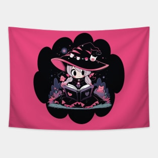 Baby Witch Cancer Zodiac Sign Reading Spell Book Chibi Style Tapestry