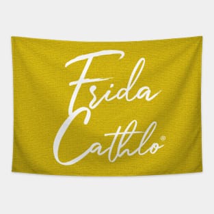 Yellow Text W back Cat Frida Cathlo version of - Frida Kahlo Tapestry