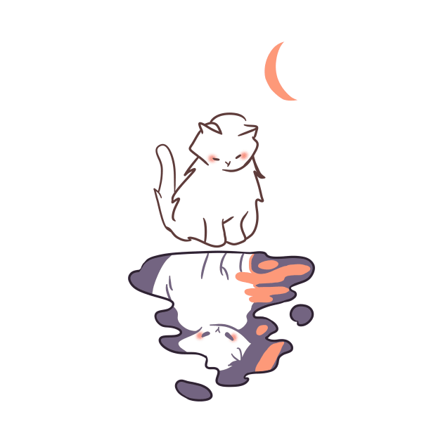 white cat looking down at its own reflection from moonlight by saraholiveira06