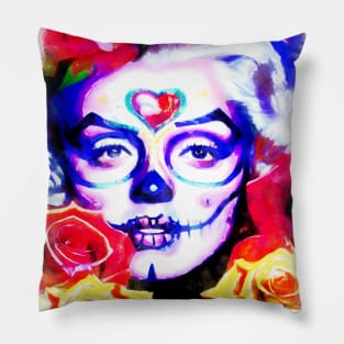 Sugar skull girl with yellow and red roses Pillow