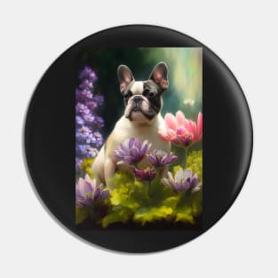 Pied French Bulldog in Flowers Card Pin