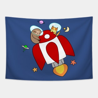 Rocket Ship Sloth and Tabby Cat Tapestry