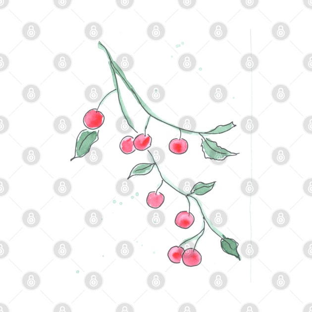 Branch with cherries. Berries, fruits. Watercolor, art decoration, sketch. Illustration hand drawn modern by grafinya