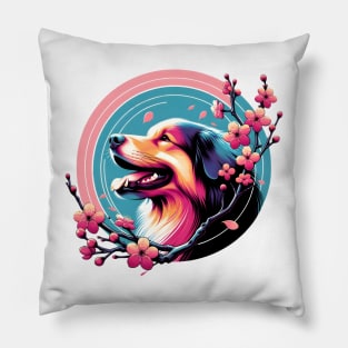 Joyful Hovawart Surrounded by Spring Cherry Blossoms Pillow