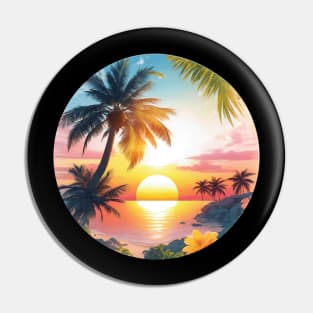 Serenity's Embrace: A Photorealistic Masterpiece of a Majestic Palm Tree and Flowers at Sunset Pin