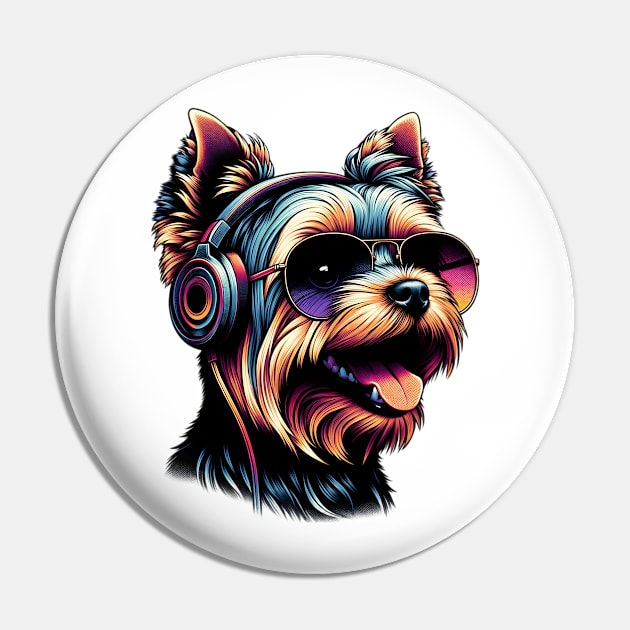 Yorkshire Terrier Smiling DJ in Japanese Artwork Style Pin by ArtRUs