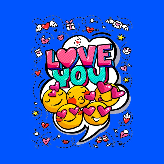 Love you word bubble. Message in pop art comic style with hand drawn hearts and emoji smiles. by amramna