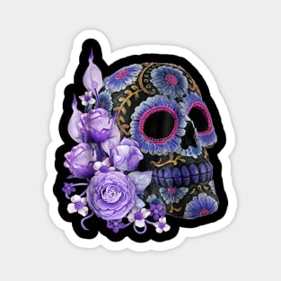 Purple Floral Black Sugar Skull Halloween Magnet