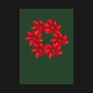 Christmas Poinsettia Wreath on a Dark Green Background T-Shirt