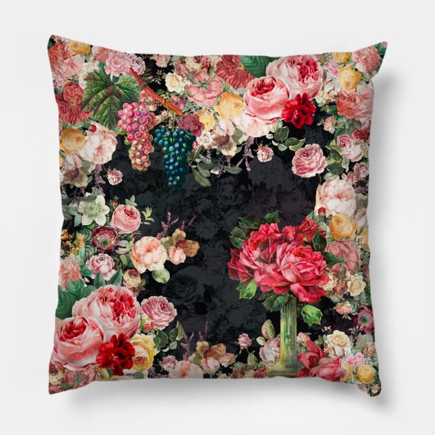 Elegant Vintage flowers and roses garden shabby chic, vintage botanical, pink floral pattern black artwork over a Pillow by Zeinab taha
