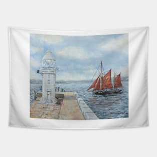 BRIXHAM SAILING TRAWLER PILGRIM APPROACHING BRIXHAM BREAKWATER LIGHTHOUSE Tapestry