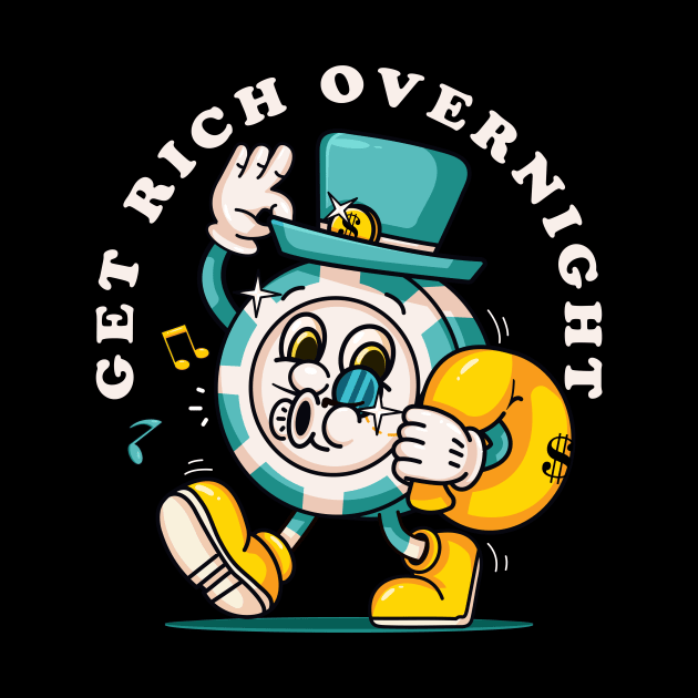 Get rich overnight, poker chip coin mascot character with a hat carrying a bag of money by Vyndesign