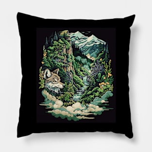 Majestic Wilderness: Lone Wolf and Mountain Landscape for her for him Pillow