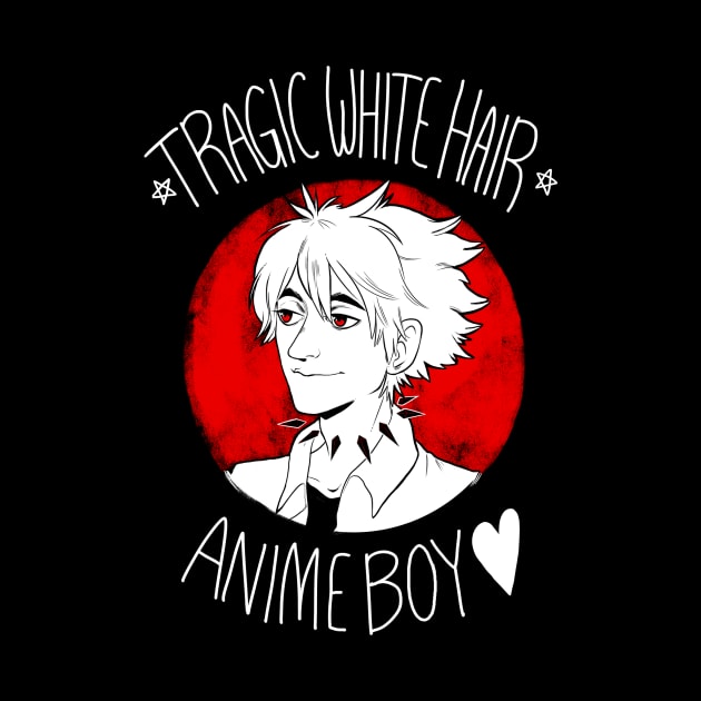 Tragic White Hair Anime Boy - White Font by riadoodles