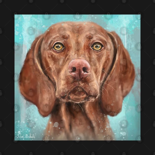 Painting of a Cute Hungarian Vizsla Looking Directly at you on a Blue Background by ibadishi