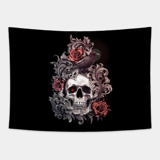 Skull Crow with Roses and Filigree Tapestry