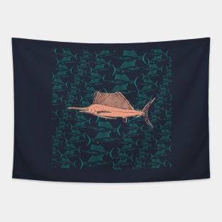 Swordfish Peach Green Dark Blue Default Background Fishing Pattern Tapestry