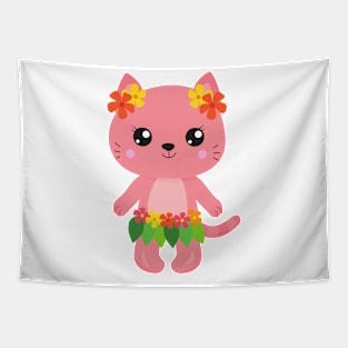 Hawaii Cat, Cute Cat, Pink Cat, Flowers, Luau Tapestry