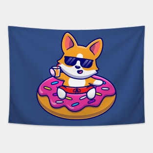 Cute Corgi Dog Floating With Doughnut Swimming Tires Cartoon Tapestry