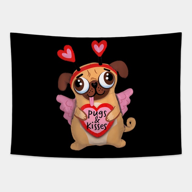 Pugs Valentine  Cupid Pug Kisses Valentine Pug Lover Tapestry by vulanstore