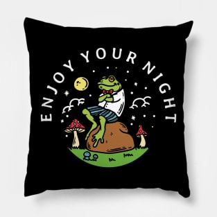 illustration frog sitting rock night meadow looking full moon Pillow