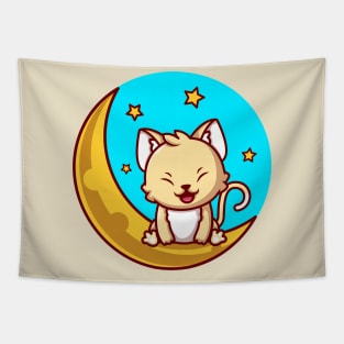 Cute Cat Sitting On Sickle Moon With Stars Cartoon Tapestry