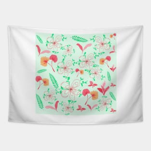 Abstract Flowers & Leaves Pattern In Green Background Tapestry