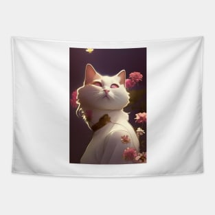 Anime White Cat Surrounded by Pink Flowers Tapestry