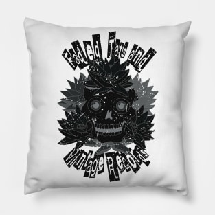 Faded Tats and Vintage Records - Black - Distressed Skull Retro Design Pillow