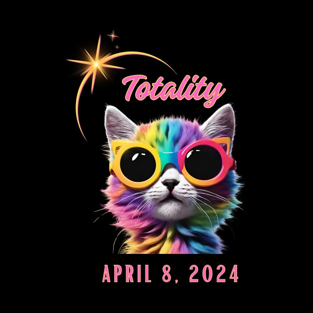 Cute Solar Eclipse 2024 Cat Wearing Rainbow Glasses by Little Duck Designs