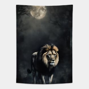 Lion in the Dark Foggy Forest Vintage Art Tapestry
