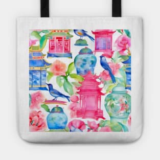 Pagodas, birds and chinoiserie jars in preppy colors Tote