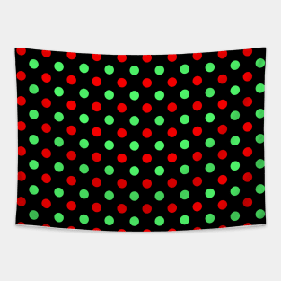 Christmas - Green and Red Polka Dots Pattern on Black Background Tapestry