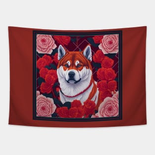 Dogs, akita inu and flowers, dog, style vector (red version akita-inu, hachi) Tapestry