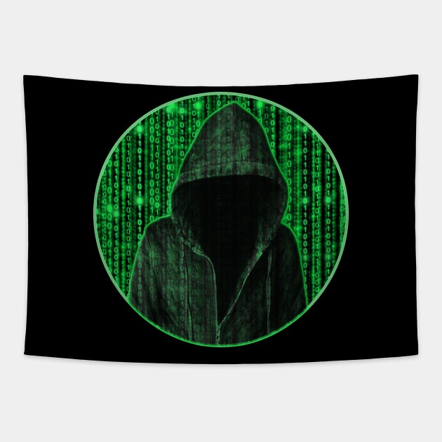 Hooded hacker in binary matrix rain Tapestry by All About Nerds