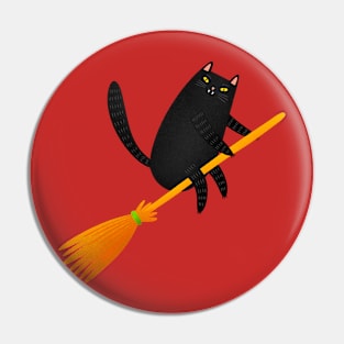 The witch cat is flying on a broom Pin