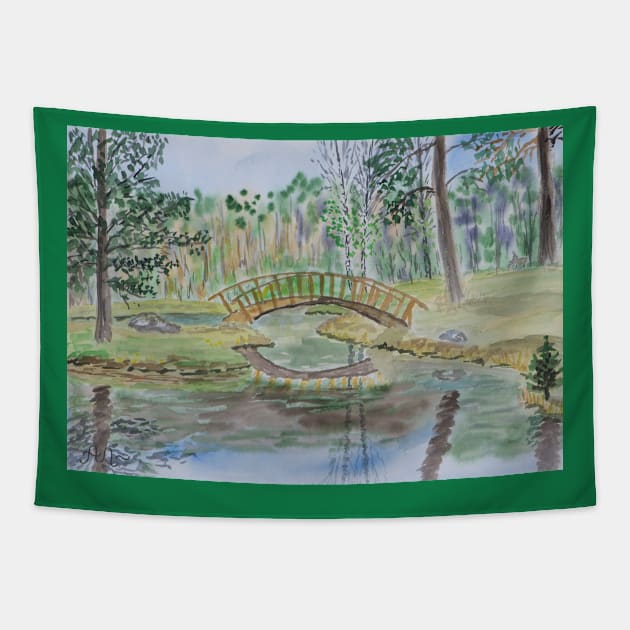 A pond with a bridge Tapestry by Anton Liachovic