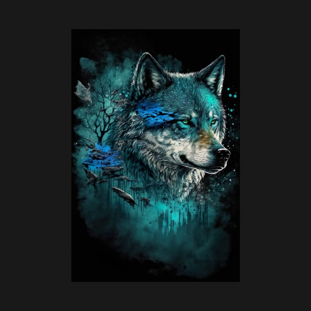 Cool Wolf portrait with teal and blue glow by KoolArtDistrict