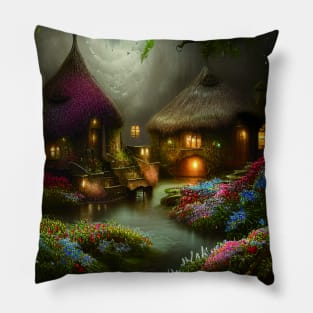 Sparkling Fantasy Cottage with Lights and Glitter Background in Forest, Scenery Nature Pillow