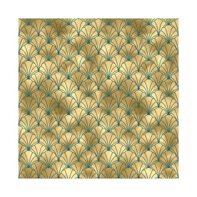 Teal and Gold Vintage Art Deco Scallop Shell Pattern by podartist