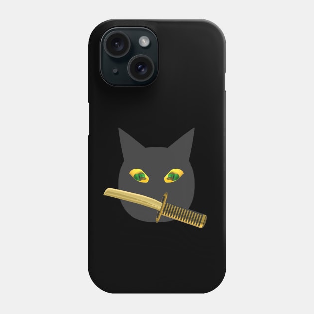 Halloween Ninja Cat. Black Cat with Jack o Lantern Eyes and Sword. (Black Background) Phone Case by Art By LM Designs 